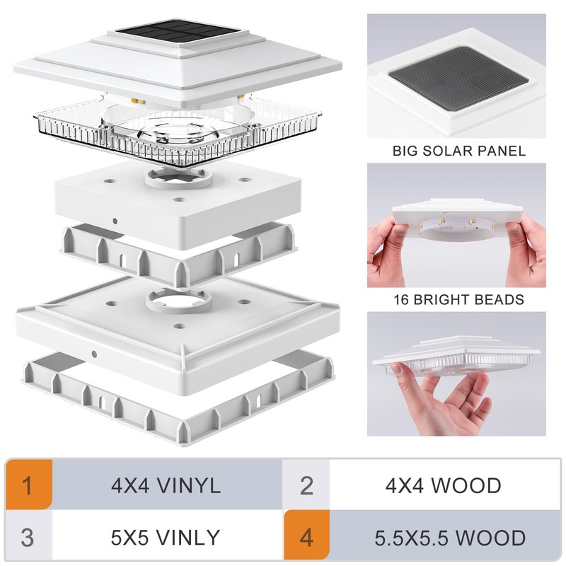 APONUO Solar Post Cap Lights 16-Pack, White IP64 Waterproof 16