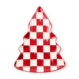 MACKENZIE-CHILDS Stoneware Tree Dish, Decorative Serving Tray for Christmas, Red-and-White Cherry Check