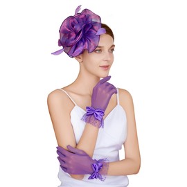 CAIYILA Fascinators Hat for Women Tea Party Headband Derby Wedding Flower Cocktail Mesh Feathers Hair Clip and Lace Gloves with Bows for Women (Purple)