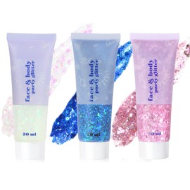URAQT Body Glitter Gel, Chunky Glitter Gel, Chunky Body Lotion Glitter Liquid Eyeshadow, Mermaid Sequins Sparkling for Face Hair Lips Nails Make Up Cosmetic Festival (A-3 Pairs)