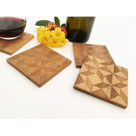 Drink Coasters by Built Quilt, Engraved Bamboo Wood, Neutral Color, Quilt Inspired Patterns, 3.75", Set of 4 with Felt Feet (Windblown Star, Square)