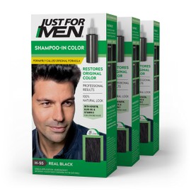 Just for Men Just For Men Shampoo-In Color (Formerly Original Formula), Mens Hair Color with Keratin and Vitamin E for Stronger Hair - Real Black, H-55, Pack of 3