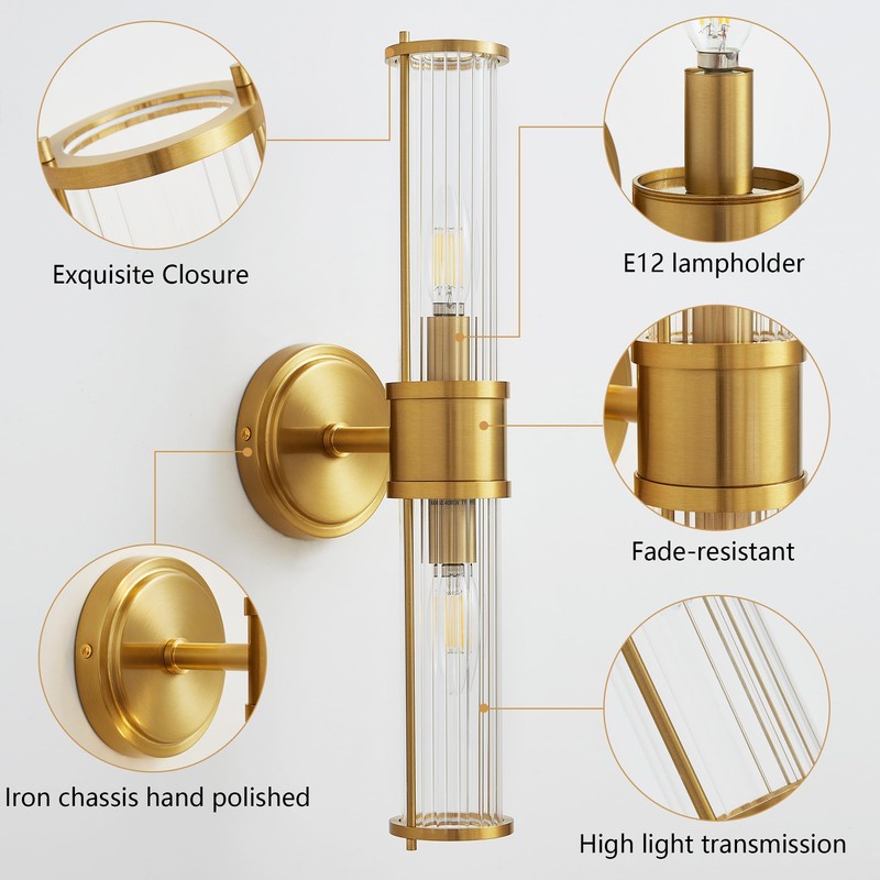 Linour Brushed Gold Wall Sconces Set of 2, Modern Bathroom