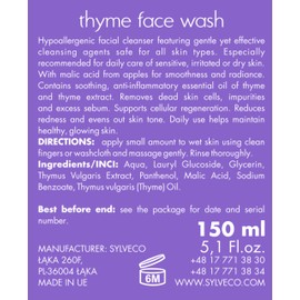 SYLVECO Thyme Facial Cleansing Gel, Face Wash for Sensitive Skin, Gently Removes Impurities, Vegan Natural Cosmetics for Men and Women, Size 150 ml
