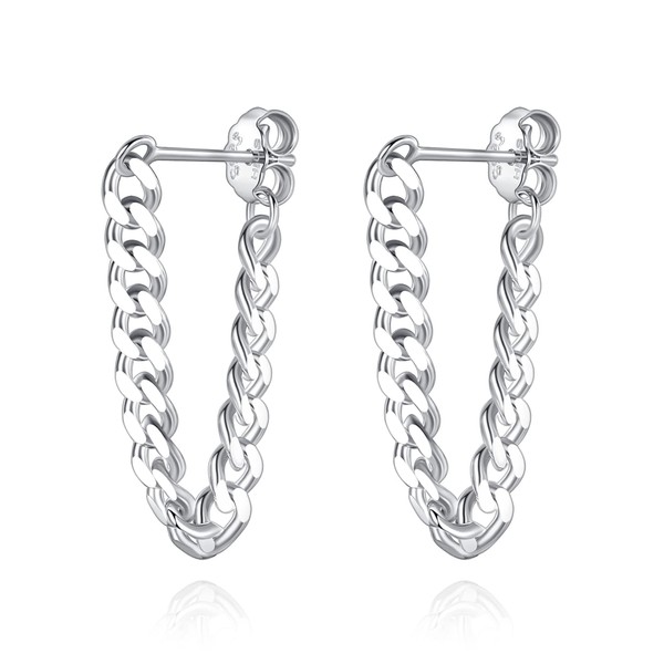 925 Sterling Silver Cuban Link Chain Dangle Drop Stud Earrings