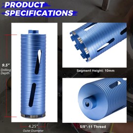 DaduoRi 4 1/4" Dry Core Drill Bit, 5/8"-11 Thread, with 3 Adapters Included: SDS Plus, SDS Max and 1/2" Hex Shank, 9.5" Drilling Depth, 4.25in Core Bits for Concrete, Brick, Block, Stucco and Masonry