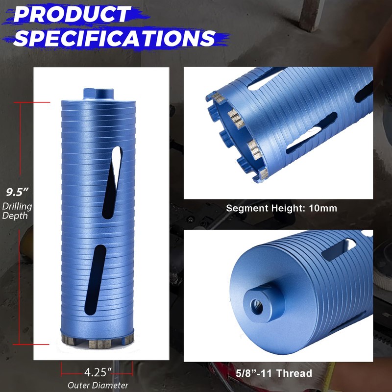 DaduoRi 4 1/4" Dry Core Drill Bit, 5/8"-11 Thread, with