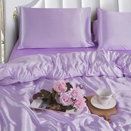 WEAVERS: Luxurious 3-Piece Silky Satin Duvet Cover Set. Reversible Zippered Duvet Cover with a Pair of Pillowcases. (Size Double, Colour Lilac)