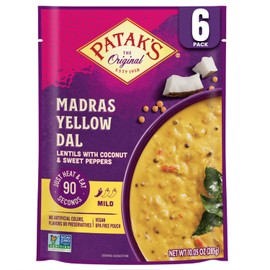 Patak’s Madras Yellow Dal - Savory Yellow Lentils in Creamy Coconut Milk w/Sweet Peppers & Spices - Vegan Microwaveable Meal for Quick Lunches or Dinners - Serve w/Rice or Naan - 10.05oz (Pack of 6)