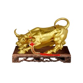 ThinkThings Wall Street Bull Statue - Feng Shui Decor, Brass Bull Sculpture for Office and Home | Stock Market Gifts,with Lucky Chinese knot String Copper Coin Decoration, without Tray (4.72")