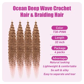 BAESITTE Deep Wave Bulk Hair For Braiding 4 Packs 32inch Soft Deep Wavy Crochet Hair Synthetic Hair Long Deep Culry Hair Bulk for Micro Braids Wet and Wavy Hair Extensions T30/Pink Color 400g