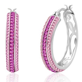 925 Sterling Silver Two Toned Fuchsia & Light Rose Crystal Hoops Earrings | 28MM Hypoallergenic Crystal Earrings for Women | Pink Hoop Earrings for Women by MAX + STONE