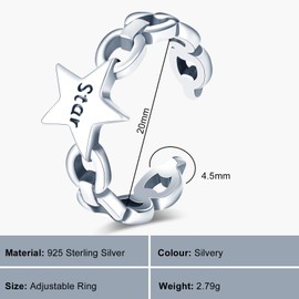 VIKILEE Women's Rings S925 Sterling Silver Rings with Letter "Star" Star Setting Adjustable Size for Girlfriend Fiancée Engagement Rings, Silver