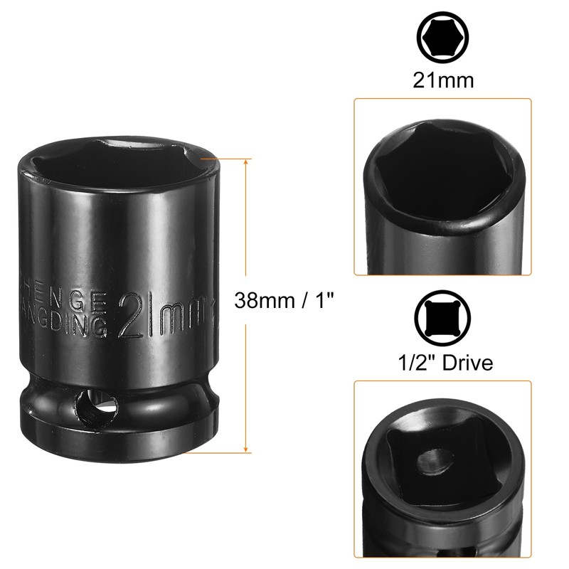 sourcing map Deep 6-Points Impact Socket 1/2" Drive 21mm Metric