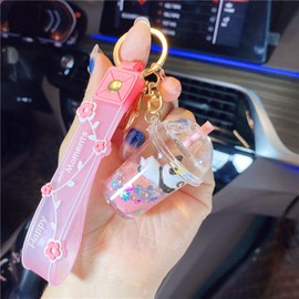 Rertnocnf Cute Kawaii Floating Cartoon Panda Milk Tea Cup Design Backpack Car Key Pendant Kids Girls Women Handbag Wallet Clear Acrylic Glitter Liquid Keychain