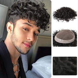 Zakya Hair System for Men Curly Real Human Hair 20mm Curly Mens Hair System 6 * 8in Hair System Replacement Toupee for Men