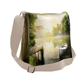 Ambesonne Nature Messenger Bag, Boat by Foggy Lake Deck, Unisex Cross-body