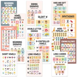 Decorably 15 Boho Phonics Posters for Classroom, 11x17in Matte-Laminated Educational ESL Classroom Decorations