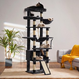 Heybly Tall Cat Tree, 78-inch Multi-Level Cat Tower for Indoor Cats, 2 Widened Plush Perches Cat Condo with Scratching Board and Big Caves, Smoky Gray HCT033G
