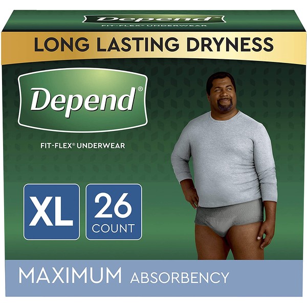 Depend FIT-FLEX Incontinence Underwear for Men, Maximum Absorbency, Disposable, Extra-Large, Grey, 26 Count