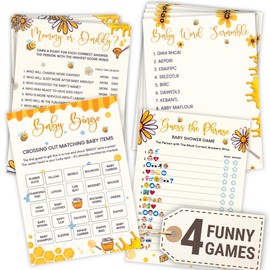Woodamore Bumble Bee Baby Shower Games For Girl Boy - 4 Funny Party Games For Bee Baby Shower Decorations, Word Scramble Bingo Mommy Or Daddy Game Cards For 25 Guests