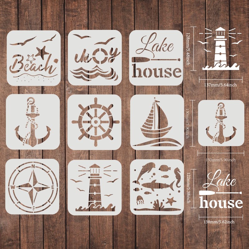 FINGERINSPIRE 9 Pcs Compass Stencil Set 15x15cm Plastic Nautical Theme
