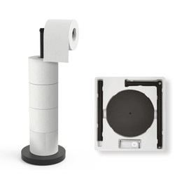 Free Standing Toilet Paper Holder Stand with Weighted Base, SUS304 180 Degree Rotatable Tissue Holder with Shelf, Can Extra Storage 4 Rolls, Black Bathroom Toilet Roll Holder