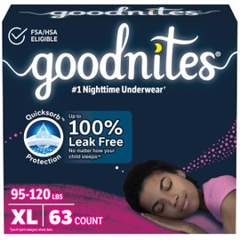 Goodnites Girls' Nighttime Bedwetting Underwear, Size Extra Large (95-120 lbs), 63 Ct (3 Packs of 21), Packaging May Vary