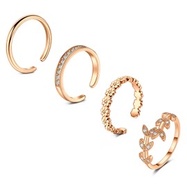 JFORYOU 4Pcs Toe Rings for Women,Silver Rose Gold Adjustable Classic Circle Type Cubic Zirconia Band Flower Open Toe Ring Beach Foot Jewelry