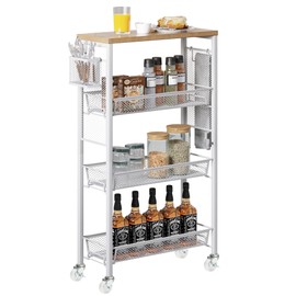 YITAHOME Slim Storage Cart 4 Tier Narrow Kitchen Rolling Cart on Wheels for Small Space, Mobile Utility Trolley Shelving Unit with Wooden Top and Metal Basket for Kitchen, Bathroom, Laundry Room