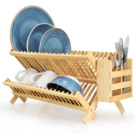 N/A Megachef 2-Tier Collapsible Kitchen Bamboo Drying Dish Rack With Utensil Holder
