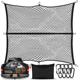SHINEHOME Cargo Net for Pickup Truck Bed, Truck Bed Net 4' x 4' Stretches to 7'x7' Highly Elastic Cargo Net Stretchable Mesh Organizer for Pickup Trunk Bed Truck Cargo Net with 8 Metal Carabiner