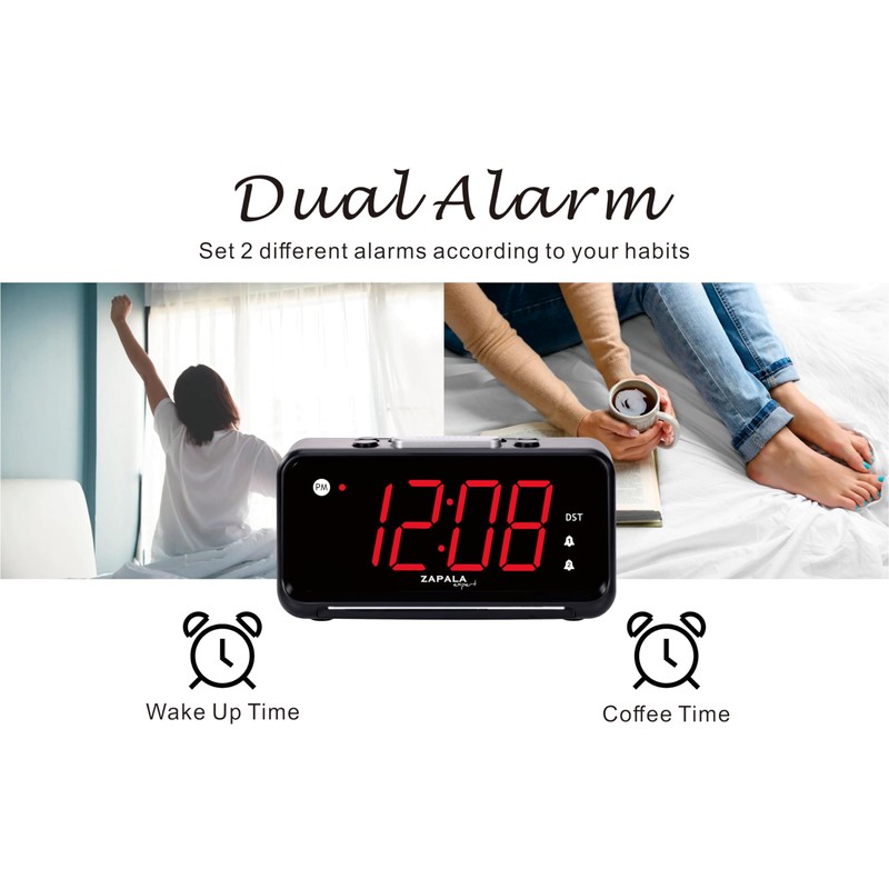 ZAPALA expert Alarm Clock for Bedroom, 2 Alarms Loud LED