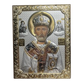 (P-4/003G/K) Saint Nicholas Byzantine Silver Orthodox Icon/Greek Handmade (6 1/2 x 5)