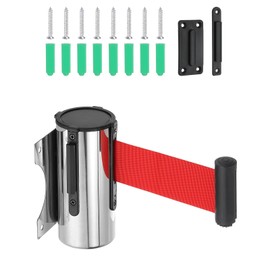 PATIKIL Fixed Wall Mount Retractable Barrier Tape, 9.84 Feet Fixed Retractable Barrier Tape with Steel Housing for Stadium, Silver Tone/Red