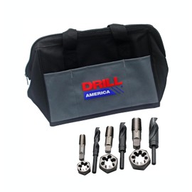 Drill America Plumber's Tool Kit, Drill and Die Kit, 7-Piece Multi Tool Set with 3 NPT Tap and Drill Bits (1/2”, 3/4", 1”), 3 NPT Hex Dies (1/2”, 3/4", 1”), Heavy Duty Storage Bag Organizer, KMZPLUM12