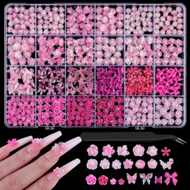 3D Camellia Rose Nail Art Flower and Butterfly Bow Charms, 24 Different Style Acrylic Flower Bud Hydrangea Spring Blossom Petal Nails Art Rhinestones Gems with Nail Tweezers (24grids-Rose)