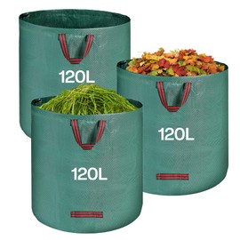 QOEOTUY Stabi Garden Sack 3 x 120 L Garden Waste Bag with 4 Handles Waterproof & Foldable & Reusable Leaf Bag Self-Standing for Garden Waste Lawn Cuttings Weeds