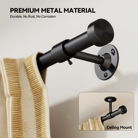 YaFex Heavy Duty Curtain Rods 32-60 Inch, 1 Inch Adjustable Curtain Rod for Windows, Black Short Window Treatment Rods with Aluminium Finials, Easy Installation