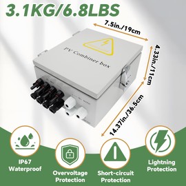 4 String Solar Combiner Box, IP65 Waterproof PV Combiner Break for On/Off Grid Solar System, with Lightning Arrester, 15A Rated Current Fuse& 63A Circuit Breaker (Metal Box)