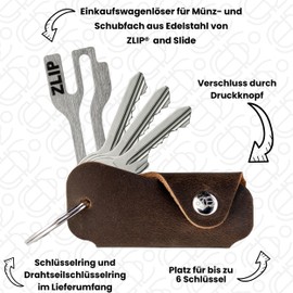 EL BICHO® Vigo I Leather Key Organiser with Zlip® and Slide Shopping Trolley Remover Made of Stainless Steel, Key Organiser for Keychain, Key Bag Organiser Case for 1-6 Keys, coffee