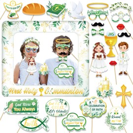 DPKOW 26pcs First Holy Communion Photo Booth Props + Inflatable Selfie Frame for 1st Holy Communion Photo Booth Frame Accessories Boy Girl First Communion Decorations Green Gold