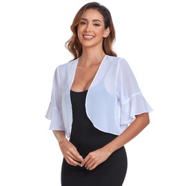 Womens Bolero Shrug Chiffon Short Sleeve Open Front Sheer Cropped Cardigan for Dresses(White,L)