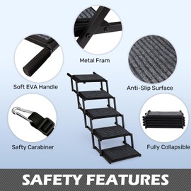 Dog Steps for Car, Truck and SUV - Foldable Pet Stairs for Large Dogs with Non-Slip Rug Surface, Lightweight Dog Ramp Holds Up to 250lbs, 5 Steps