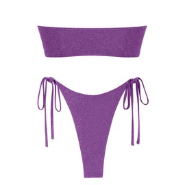 ZAFUL Metallic Cutout Bandeau Bikini Set High Leg Bikini Sets Glitter Swimsuit Cute Bathing Suits Purple XS