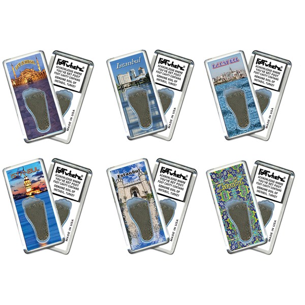 Istanbul FootWhere® Souvenir Magnets. 6 Piece Set. Authentic Destination Souvenir acknowledging Where You've Set Foot. Genuine Soil of Featured Location encased Inside Foot Cavity. Made in USA