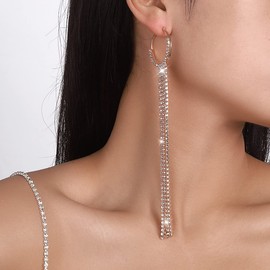 Chargances Boho Crystal Long Tassle Dangle Drop Earrings Shiny Circle Rhinestone Statement Stud Earrings for Women and Girls Fashion Wedding Accessories, Metal Crystal Rhinestone, crystal