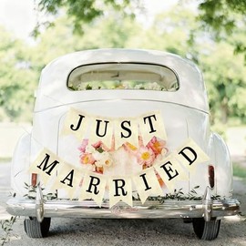 Banner de Arpillera Vintage «Just Married», Banner Rústico «Just Married» Blanco Crema con Letras Negras, Decoración Preensamblada para Coche de Boda de Compromiso, Banderines de Boda Decoración de