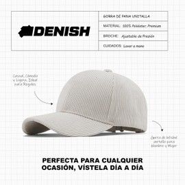 DENISH Gorra Tipo Pana con Broche Ajustable. Gorra de béisbol unitalla para Hombre y Mujer. Cachucha de Material Premium, Casual, cómoda y Ligera, Ideal para Regalar (MX/US, Alfa, Talla única, Beige)