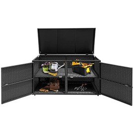 Tangkula Outdoor Wicker Storage Box, Garden Deck Bin with Steel Frame, Rattan Pool Storage Box with Lid, Ideal for Storing Tools, Accessories and Toys, 88 Gallon Capacity (Black)